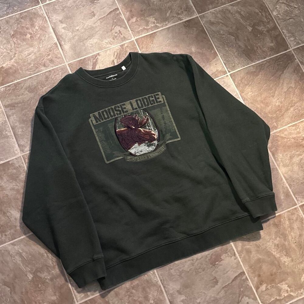 Vtg 90s Moose Wildlife Nature baggy forest green crewneck, like new, size large!